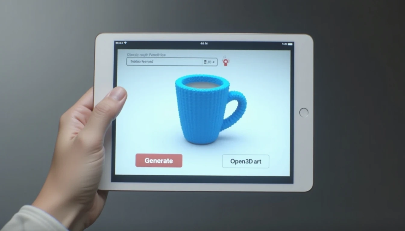 Open3D.art在平板或桌面上的用户友好数字界面,显示一个简单的文本输入框和一个快速渲染的蓝色3D咖啡杯,生成按钮正在发光。设计简洁直观。