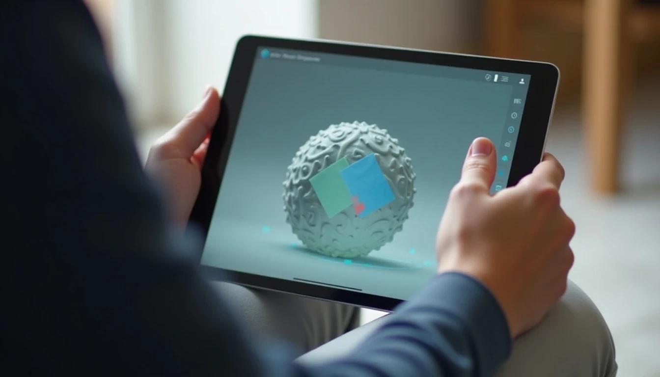特写镜头,用户在平板电脑上与Open3D.art简洁的界面互动,屏幕上显示一个高质量的3D生成对象,体现免费、易用、快速生成流程。