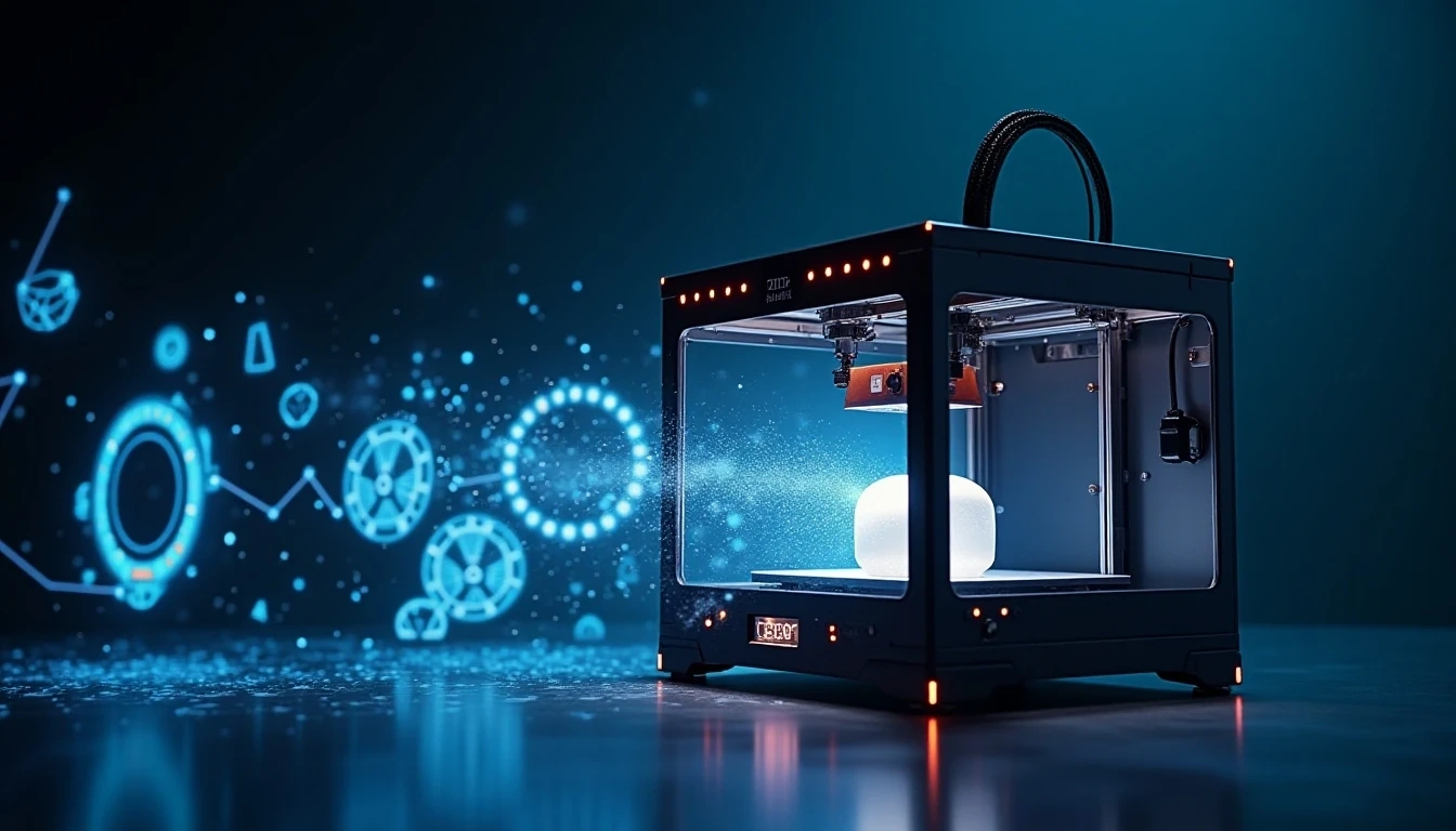 A futuristic 3D printer rapidly transforming digital designs into physical objects, surrounded by glowing AI interfaces, symbolizing the fusion of AI and 3D printing, showcasing innovation and speed.