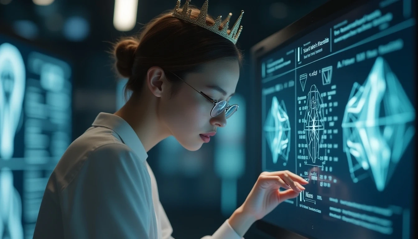 一位“未来设计专家”在工作的引人注目的图像。这个人不仅仅是建模,而是在监督AI,做出高层次的创意决策。他们头上有一个微妙的皇冠,象征着他们提升的地位。环境时尚且先进。